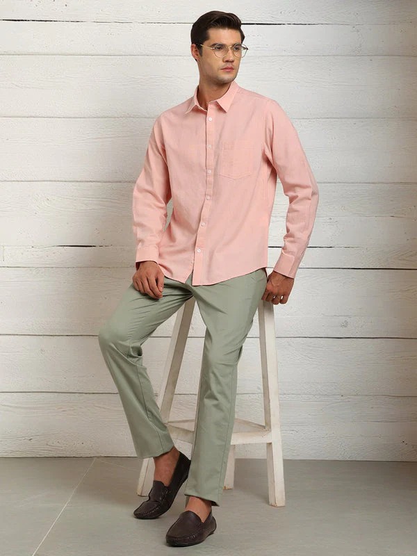 Indian Terrain Men's Regular Fit Full Sleeve Solid Pink Shirt